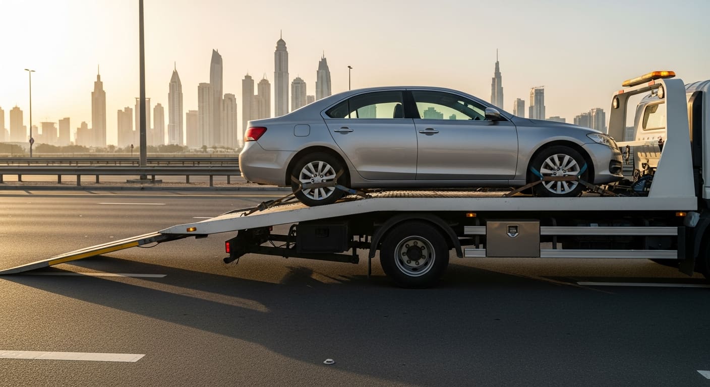 Apex Car Recovery flatbed tow truck loading a car at dusk on a Dubai highway
