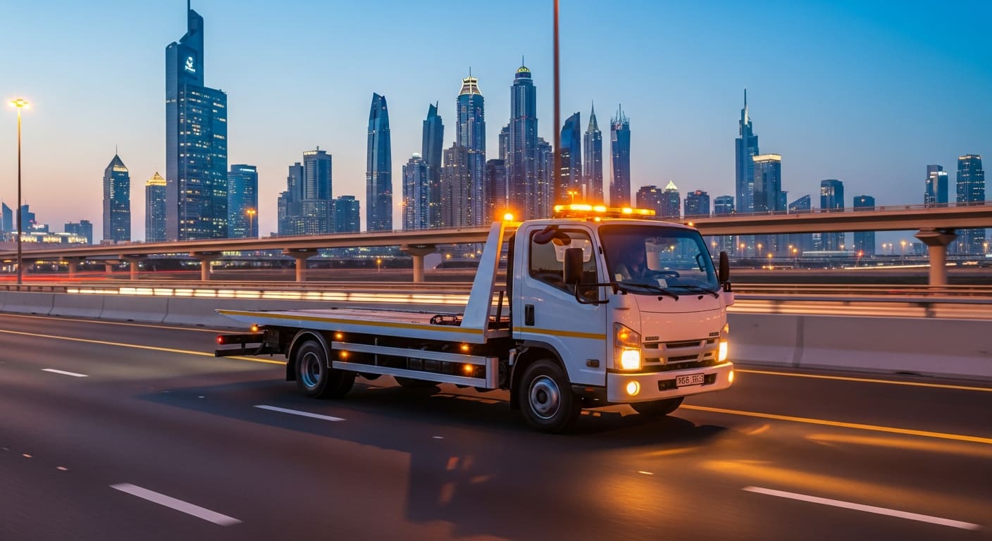 Recovery truck on Sheikh Zayed Road with the Dubai skyline behind it